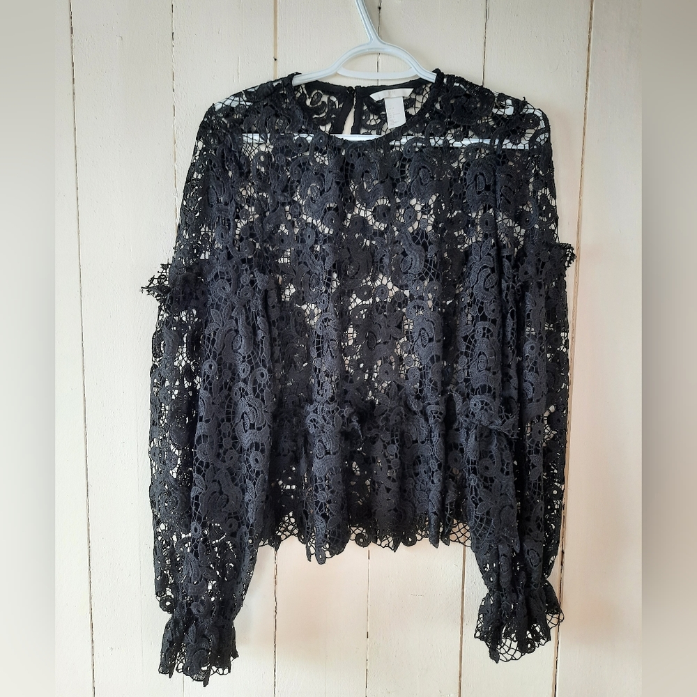 Broderie anglaise black lace peplum top